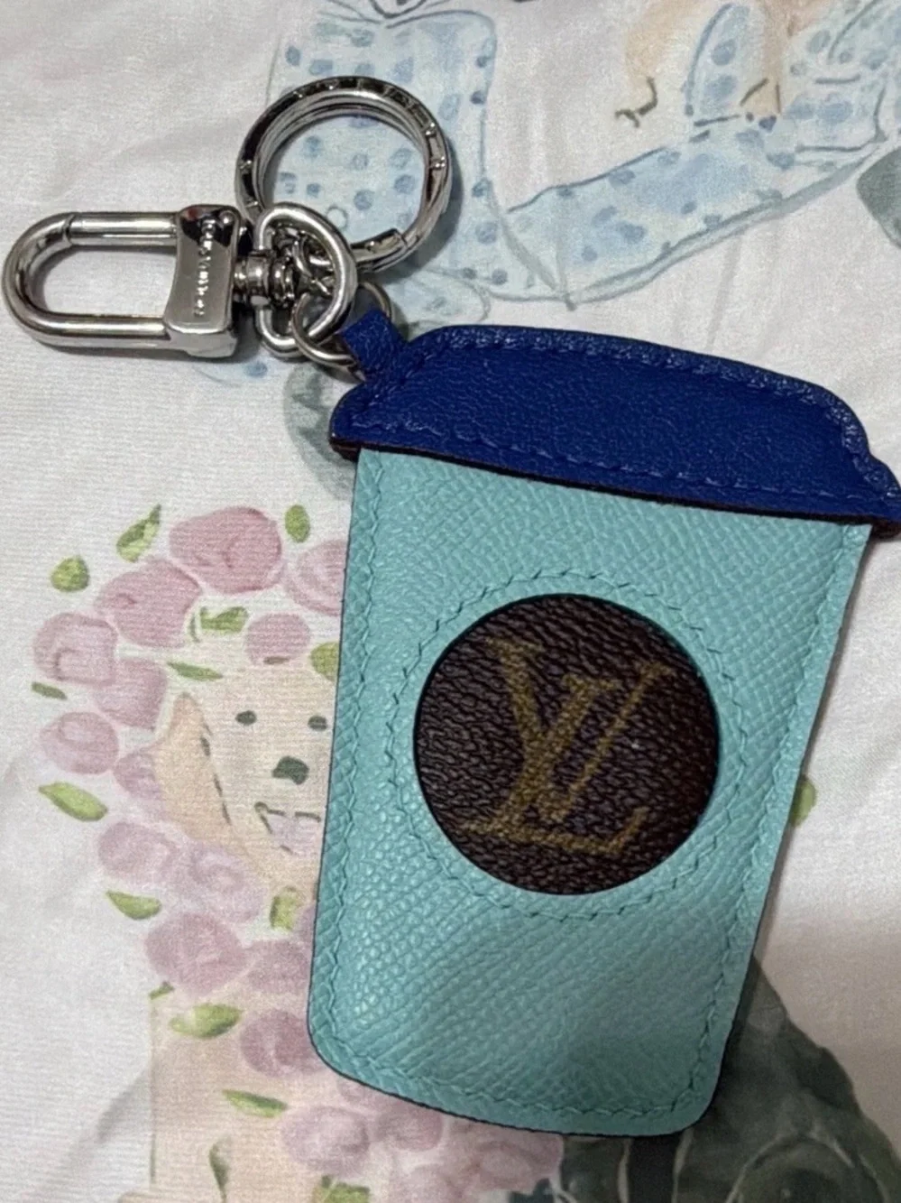 Handmade Upcycled from Louis Vuitton bags /Blue Leather Coffee Cup Keychain Char